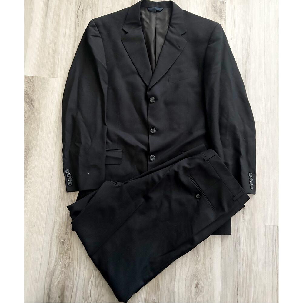 Burberry London Suit Mens 42 Long Black 100% Wool Pleated Pants Made In USA EUC